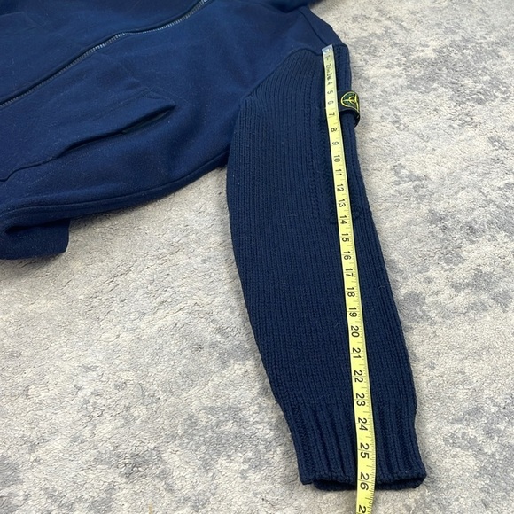 New Stone Island Logo Appliqued Wool Blend Hooded Jacket Blue Knit Sleeve Sz M - Picture 16 of 16